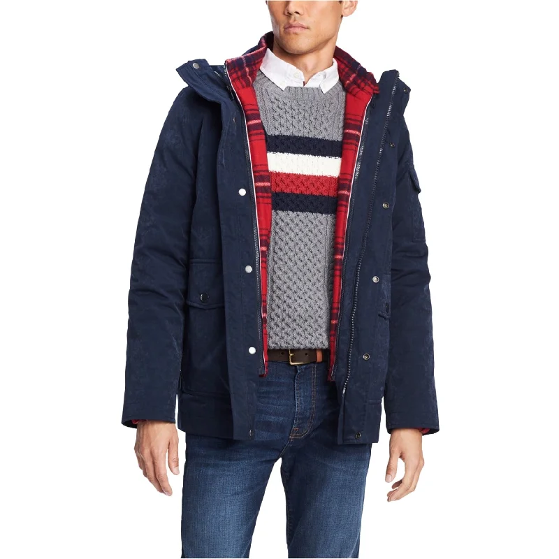 Men's navy fleece jackets-Tommy Hilfiger Mens Hooded Plaid Jacket