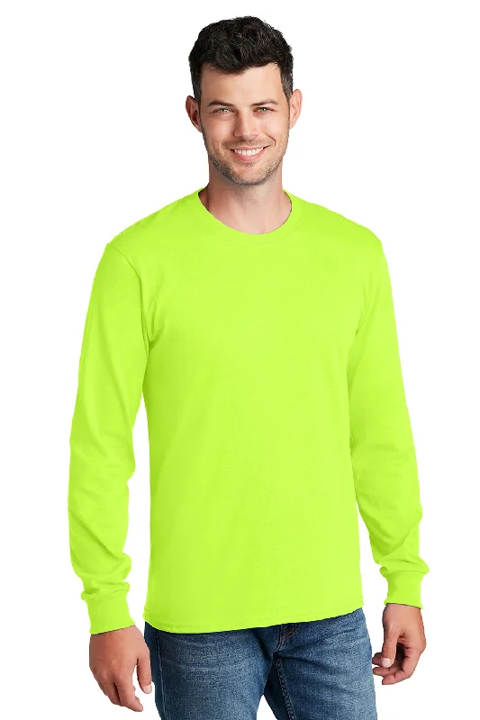 Men's short-sleeve warm stylish-sleek-neutral-casual-acrylic tee-Port & Company Mens Core Long Sleeve Crewneck T-Shirt - Safety Green