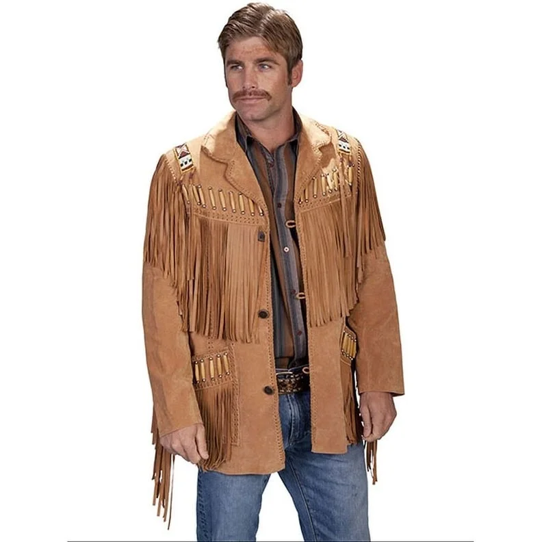 Men's urban motorcycle jackets-Scully Western Jacket Mens Leather Button Fringe Beading F0_902