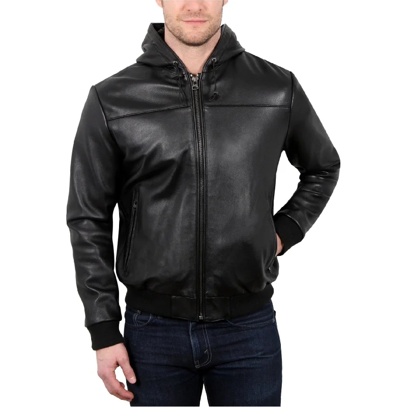 Men's stylish windbreaker jackets-William Rast Mens Leather Hoodie Jacket, Black, Medium