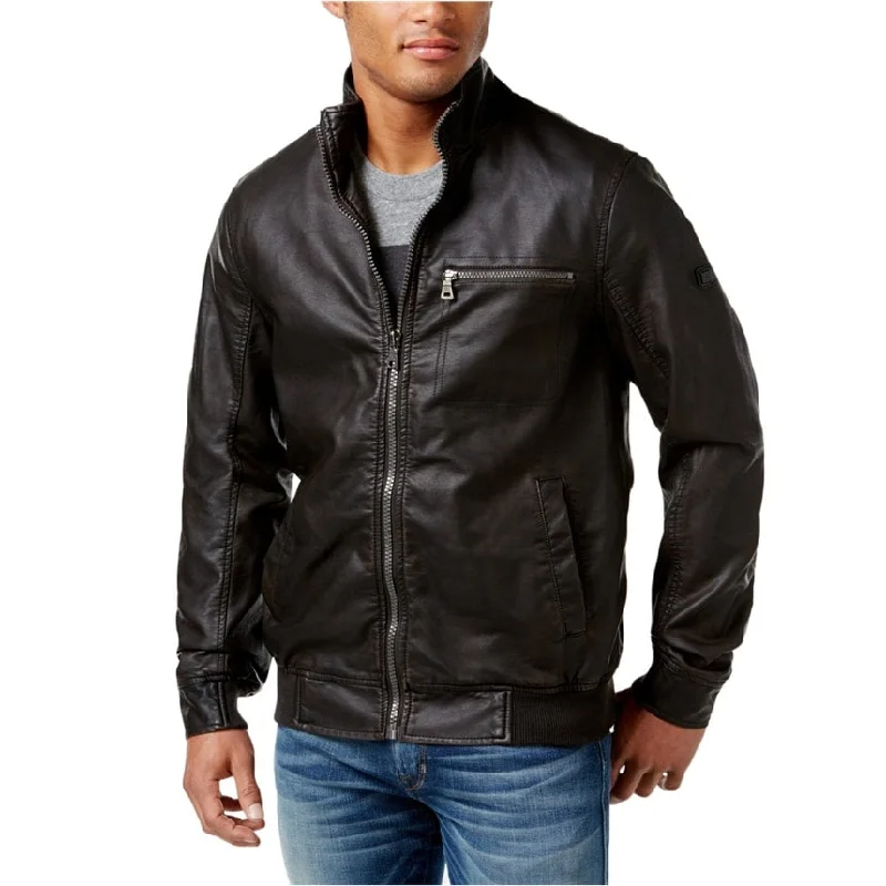 Men's black down jackets-I-N-C Mens Faux Leather Motorcycle Jacket, Brown, Small