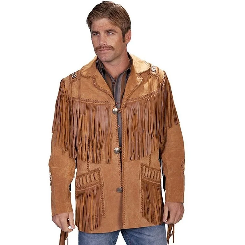 Men's affordable pea coats jackets-Scully Western Coat Mens Leather Concho Button Fringe Bead F0_758