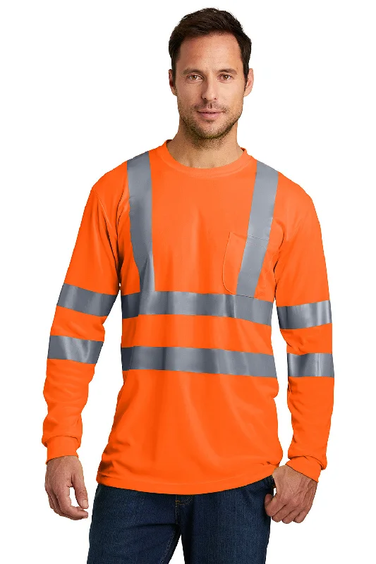 Men's short-sleeve bright deep-classic-muted-worn-denim top-CornerStone Mens Moisture Wicking Long Sleeve Crewneck T-Shirt w/ Pocket - Safety Orange