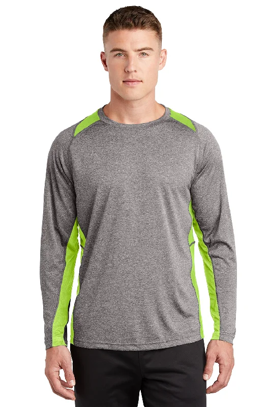 Men's short-sleeve cool rugged-soft-cream shirt-Sport-Tek Mens Contender Heather Moisture Wicking Long Sleeve Crewneck T-Shirt - Heather Vintage Grey/Lime Shock Green