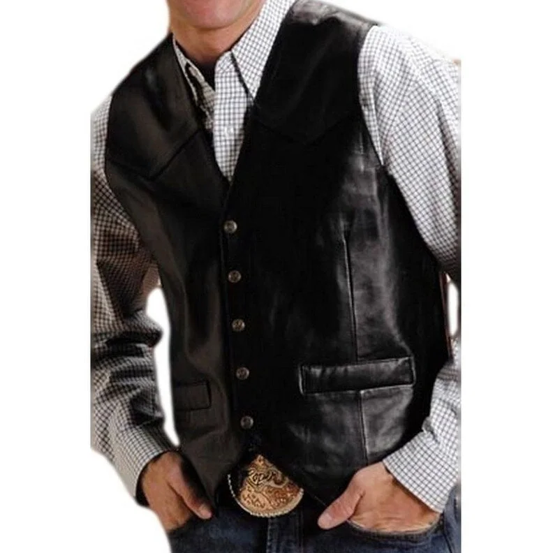 Men's casual fleece jackets-Roper Western Vest Mens Leather Snap Tall Black 02-075-0520-0800 BL