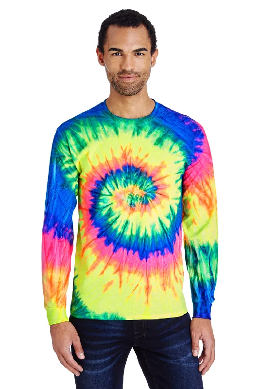 Men's short-sleeve boxy spiral tee-Tie-Dye Mens Long Sleeve Crewneck T-Shirt - Neon Rainbow