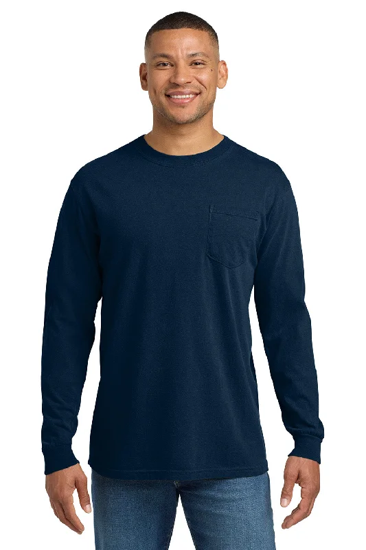 Men's short-sleeve rich sporty-subtle-soft-plush-cotton top-Comfort Colors Mens Long Sleeve Crewneck T-Shirt w/ Pocket - True Navy Blue