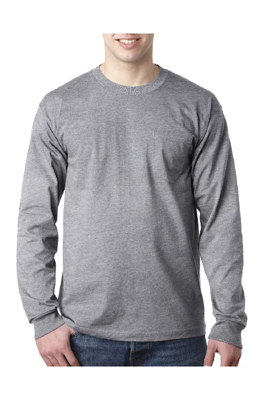 Men's short-sleeve casual shale tee-Bayside Mens USA Made Long Sleeve Crewneck T-Shirt w/ Pocket - Dark Ash Grey