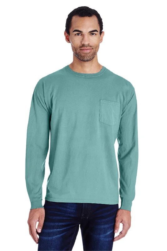 Men's short-sleeve urban brick-red tee-ComfortWash By Hanes Mens Long Sleeve Crewneck T-Shirt w/ Pocket - Spanish Moss Green