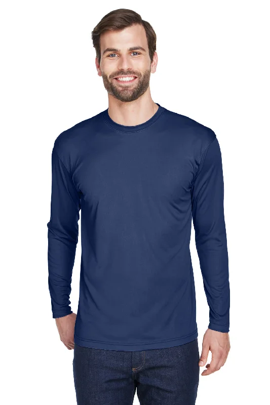 Men's short-sleeve neutral wide-chevron shirt-UltraClub Mens Cool & Dry Performance Moisture Wicking Long Sleeve Crewneck T-Shirt - Navy Blue