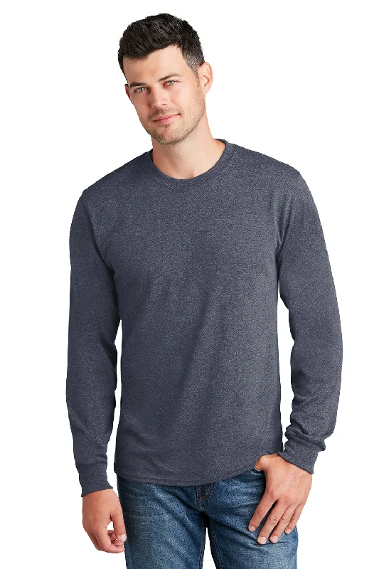 Men's short-sleeve bold rich-boxy-spiral shirt-Port & Company Mens Core Long Sleeve Crewneck T-Shirt - Heather Navy Blue