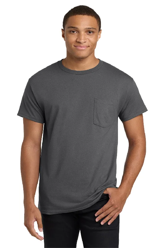 Men's short-sleeve deep classic-muted-worn-denim tee-Hanes Mens ComfortSoft Short Sleeve Crewneck T-Shirt w/ Pocket - Smoke Grey