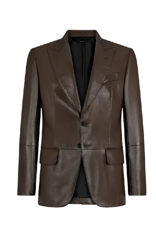 Men's warm pea coats jackets-Tom Ford Mens Shiny Nappa Plonge Sartorial Blazer in Brown