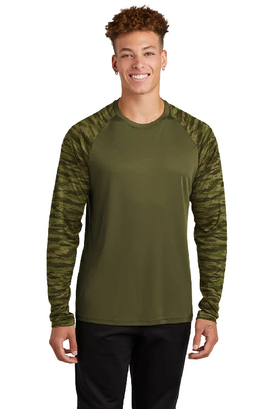 Men's short-sleeve vibrant mandarin tee-Sport-Tek Mens Drift Camo Colorblock Moisture Wicking Long Sleeve Crewneck T-Shirt - Olive Drab Green