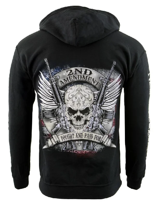 men's-hoodie-with-sleeve-mound-Biker Clothing Co. BCC118000 Men's Black '2nd Amendment Fought and Paid For' Motorcycle Skull Hoodie