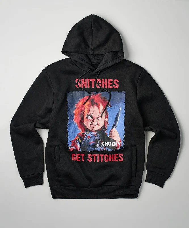 men's-hoodie-for-snow-kiting-Chucky Snitches Get Stitches Graphic Print Hoodie - Black