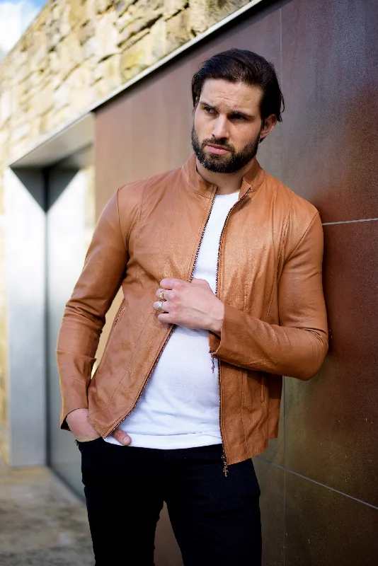 Men's trendy sports jackets-Father Sons Tan Lambs Leather Jacket - FSH205