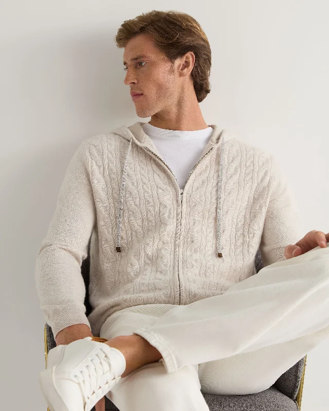 men's-hoodie-with-sleeve-ridge-Men's Fulham Cable Zip Cashmere Hoodie Frost White