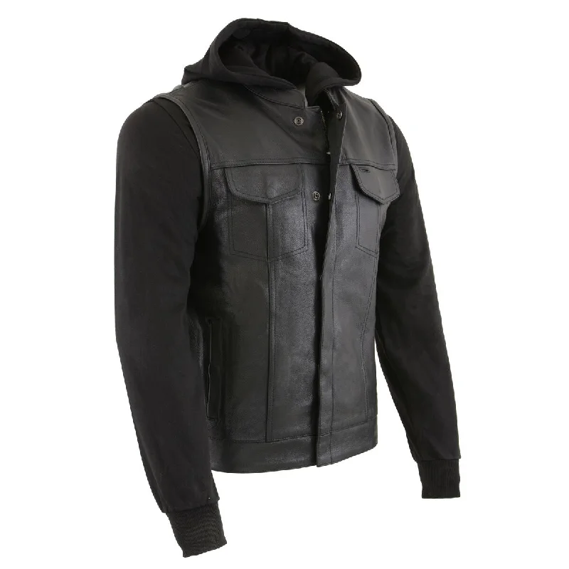 men's-hoodie-for-snow-diving-Milwaukee Leather LKM3714 Men's Black Club Style '2 in 1' Zipper Vest with Full Sleeve Hoodie and Quick Draw Pocket