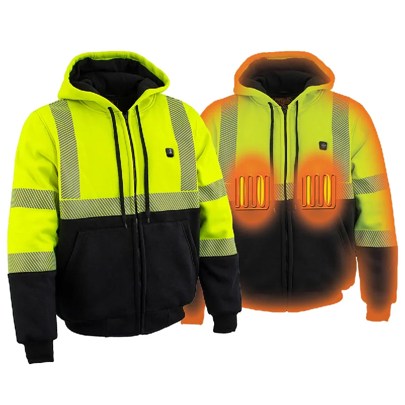 men's-hoodie-with-hood-notch-Nexgen Heat MPM1773SET Men's Heated High Visibility Work Hoodie, Neon Green Hi Vis Reflective Hoodie w/ Battery