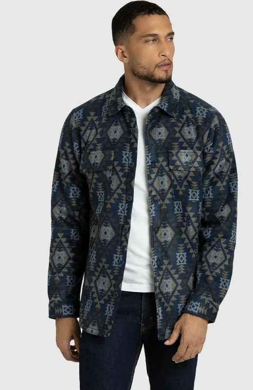 Men's soft fleece jackets-Navy Aztec Polar Fleece Shirt Jacket