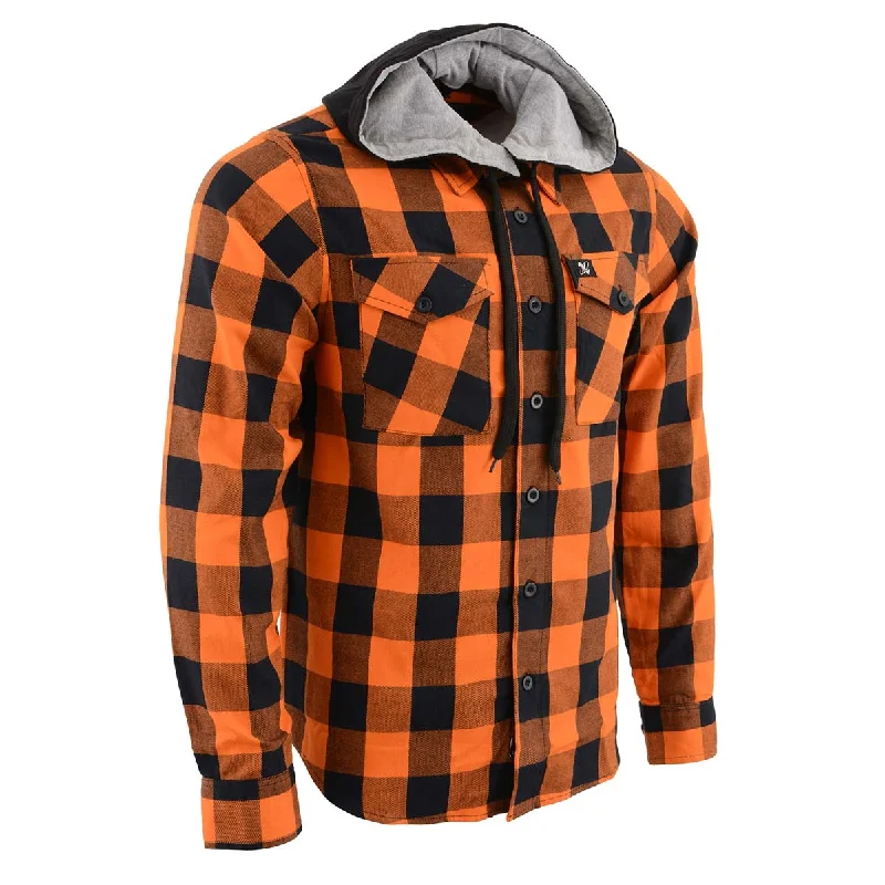 men's-hoodie-with-burlap-finish-Milwaukee Leather Men's Flannel Plaid Shirt Orange and Black Long Sleeve Cotton Button Down with Hoodie MNG11642