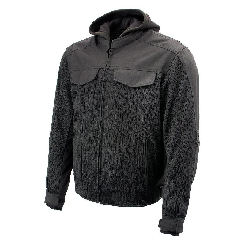 men's-hoodie-in-pass-white-Xelement B91033 Men's 'Requiem' Black Mesh Jacket with X-Armor and Removable Hoodie