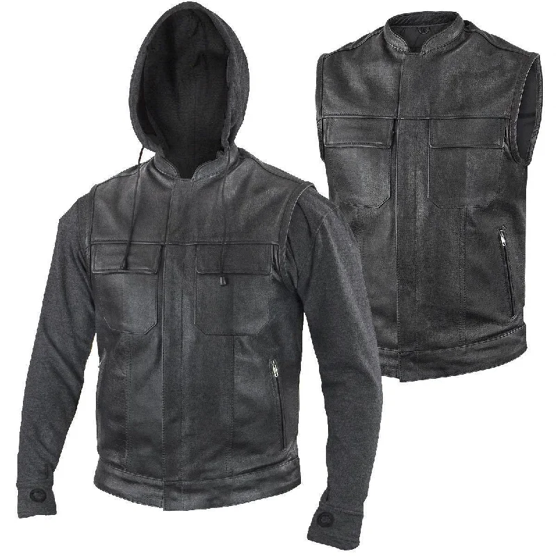 men's-hoodie-with-hood-ridge-Xelement BXU1006 Men's 'Jax' Black Leather Motorcycle Hoodie Jacket with Convertible Vest