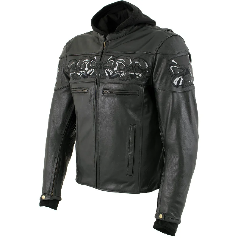 men's-hoodie-with-muslin-finish-Xelement XS1504 Men's ‘Futile’ Black Leather CE Armored Motorcycle Hooded Jacket with Reflective Skulls