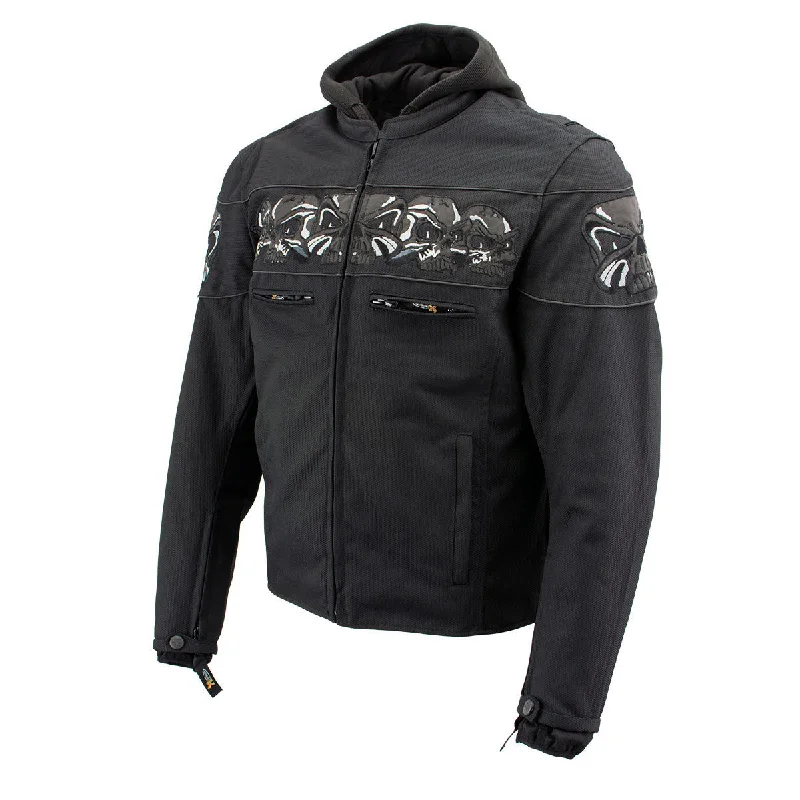 men's-hoodie-for-ski-slopes-Xelement Men’s Vengeance Black Armored Textile Motorcycle Jacket w/Skull Embroidery XS1704