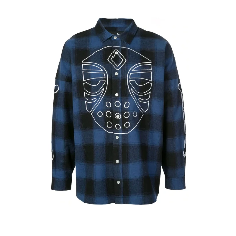 Men's short-sleeve modern vibrant-tropical-retro-plush-mock-neck top-MASKED PLAID SHIRT BLUE