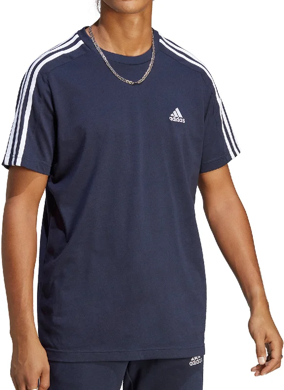 Men's short-sleeve sporty subtle-loud-fuchsia tee-adidas Essentials 3 Stripes Short Sleeve Mens Top - Blue