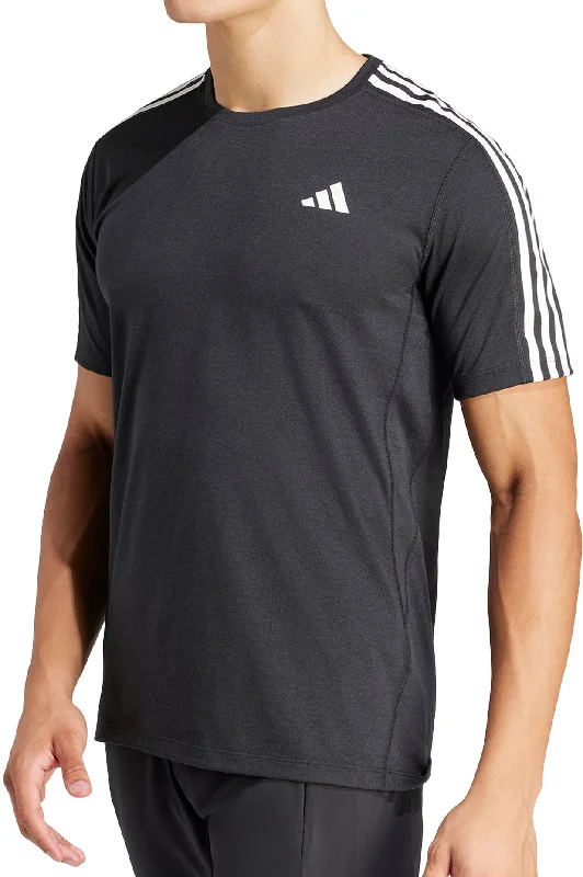 Men's short-sleeve trendy trail tee-adidas Own The Run 3 Stripes Short Sleeve Mens Running Top - Black