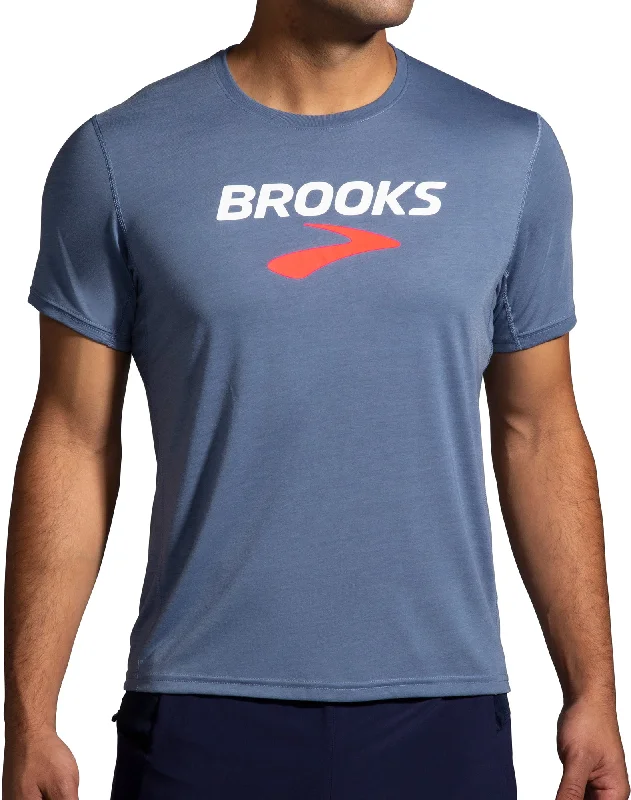 Men's short-sleeve rich sporty-subtle-velvety shirt-Brooks Distance Graphic Short Sleeve Mens Running Top - Blue