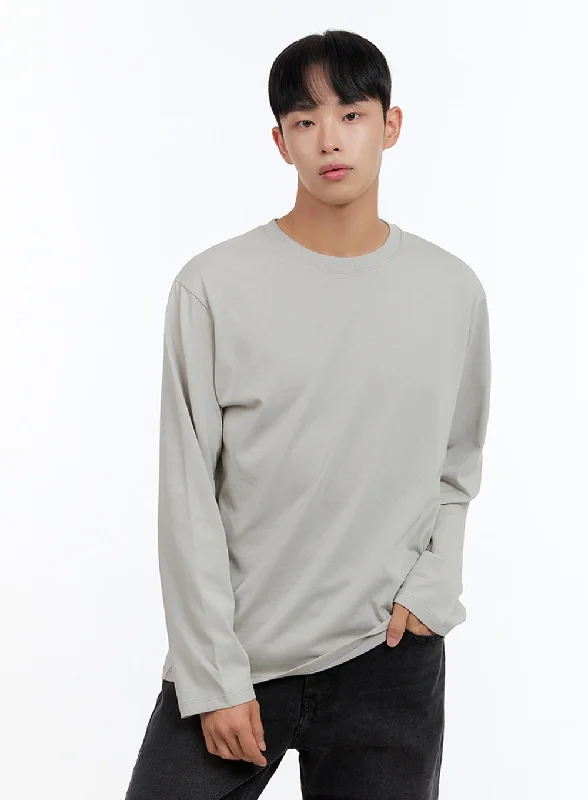 Men's short-sleeve classic free-yellow top-Men's Basic Cotton Long Sleeve T-Shirt (Gray) IS412