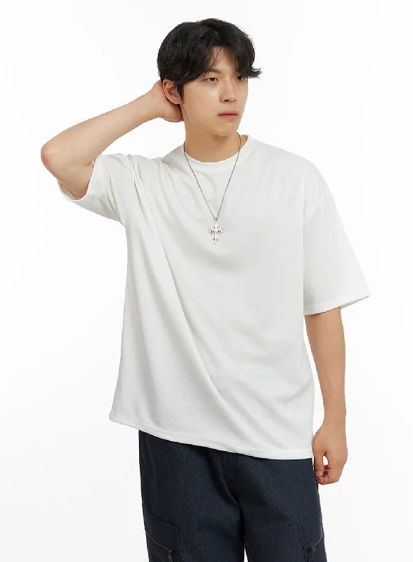 Men's short-sleeve retro plush-mock-neck top-Men's Basic Round Neck T-Shirt IG409