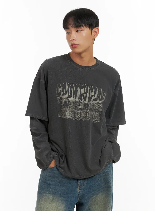 Men's short-sleeve vibrant pitch-black tee-Men's Cotton Graphic Layered Long Sleeve IS420