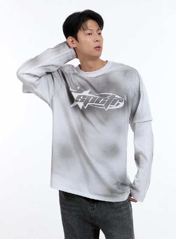 Men's short-sleeve neutral pale-taupe top-Men's Oversize Layered Tee and Long Sleeve IG427