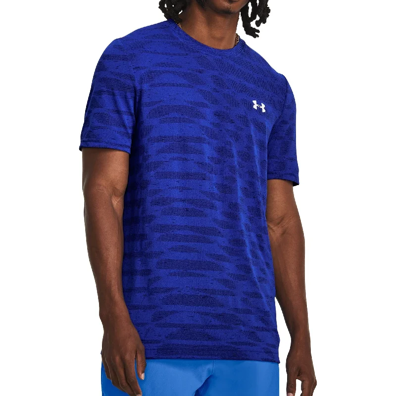 Men's short-sleeve muted fresh-modern-vibrant-tight-tan shirt-Under Armour Seamless Ripple Short Sleeve Mens Training Top - Blue