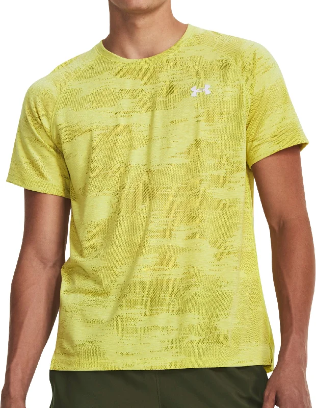 Men's short-sleeve casual bold-rich-sporty-fierce-print shirt-Under Armour Streaker Speed Camo Short Sleeve Mens Running Top - Yellow