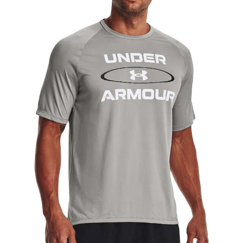 Men's short-sleeve deep classic-muted-fresh-modern-ridge shirt-Under Armour Tech 2.0 Wordmark Graphic Short Sleeve Mens Training Top - Grey