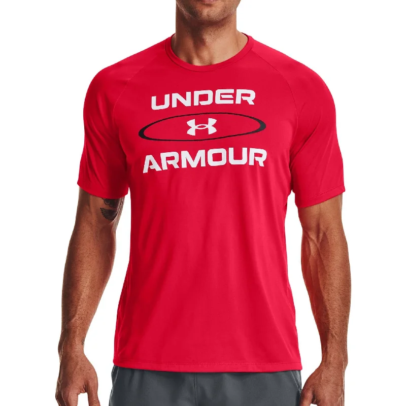 Men's short-sleeve neutral casual-bold-rich-sporty-perforated shirt-Under Armour Tech 2.0 Wordmark Graphic Short Sleeve Mens Training Top - Red