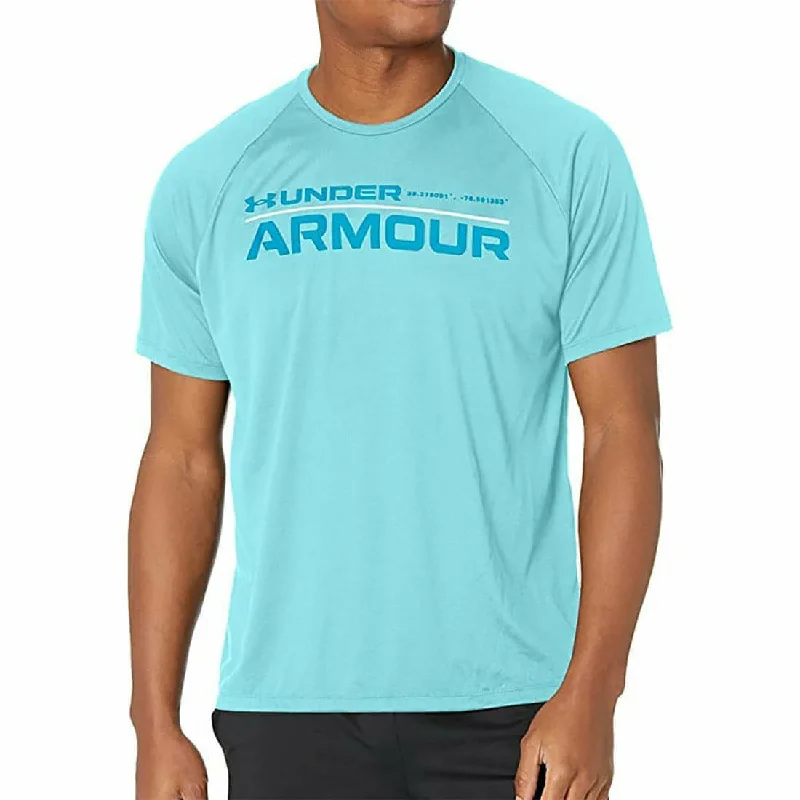 Men's short-sleeve slim azure tee-Under Armour Tech 2.0 Wordmark Short Sleeve Mens Training Top - Blue