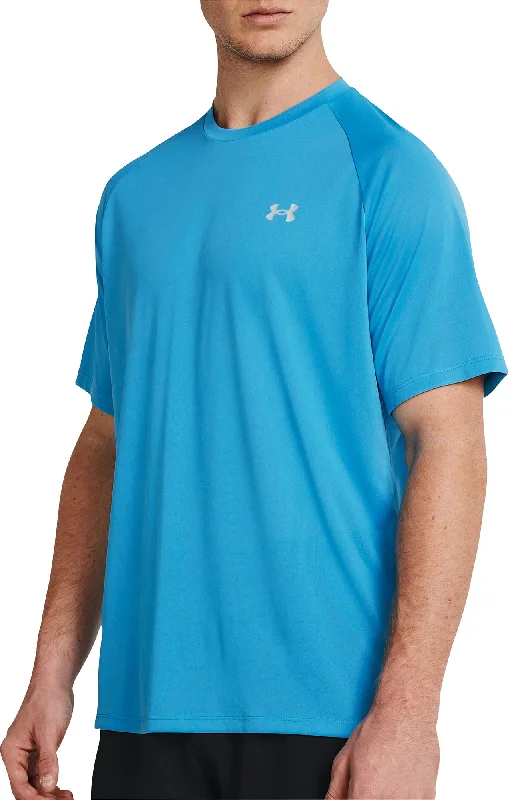 Men's short-sleeve sleek desert-tan shirt-Under Armour Tech Reflective Short Sleeve Mens Running Top - Blue