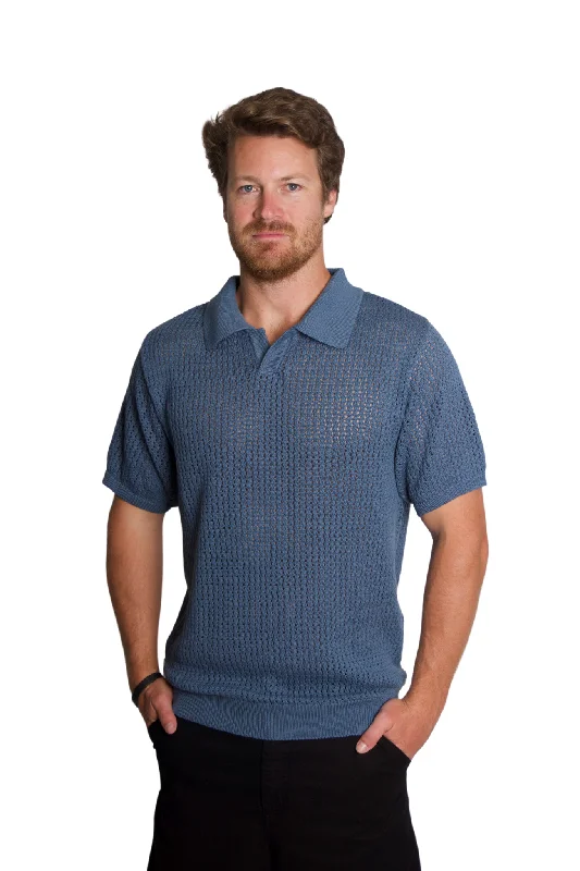 Men's short-sleeve tropical retro-frost-blue shirt-Yuma Polo in Blue