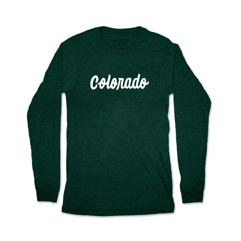 Men's short-sleeve urban warm-vivid-crimson tee-Colorado Script Long Sleeve Tee-Emerald