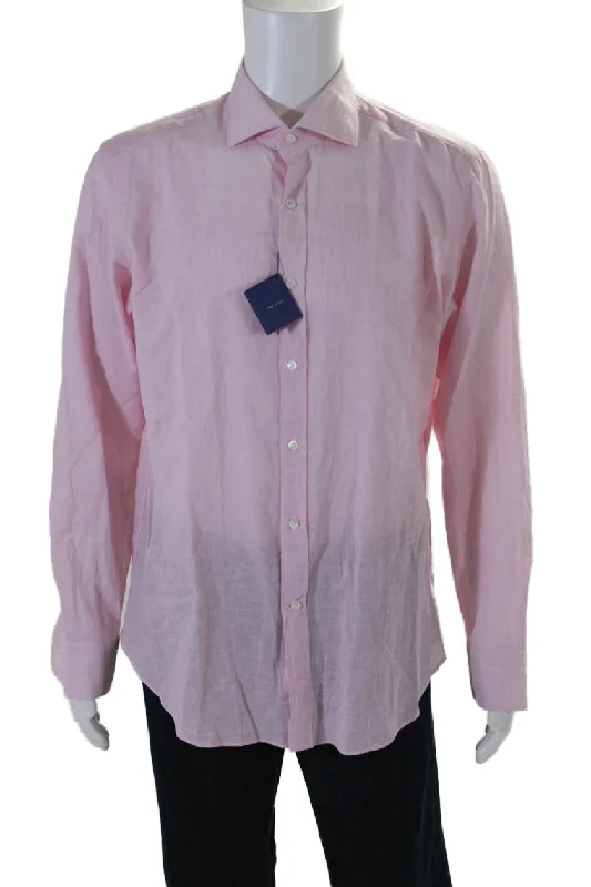 Giannetto Mens Linen Blend Pink Collar Long Sleeve Button Down Shirt