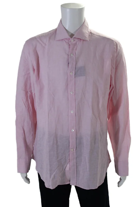 Giannetto Mens Linen Blend Pink Collar Long Sleeve Button Down Shirt