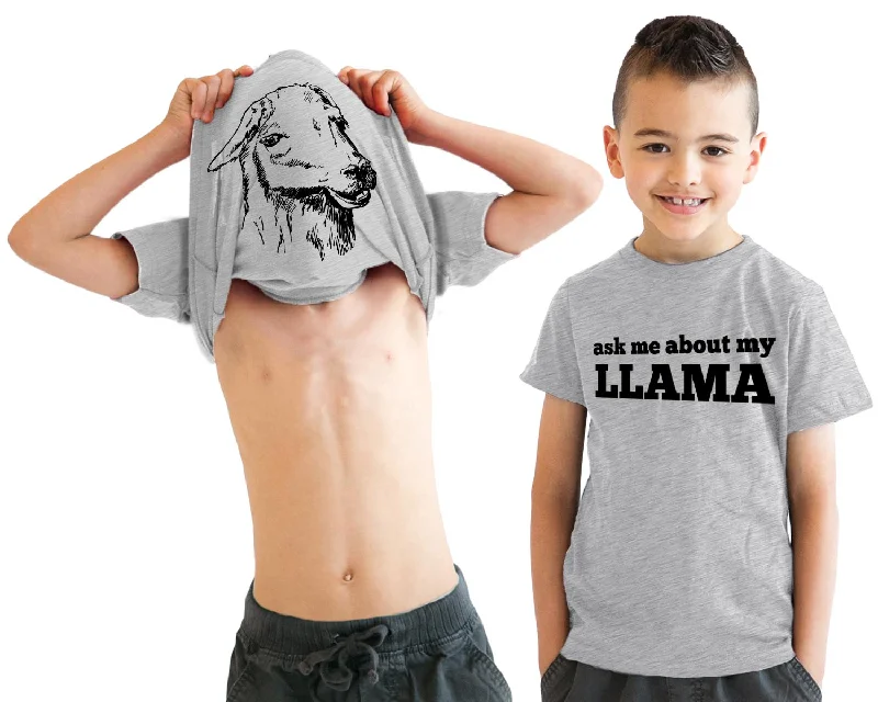 Men's short-sleeve soft trendy-bright-pure-indigo shirt-Kids' Ask Me About My Llama T Shirt Funny Youth Llama Flip Shirt Llamas Tee