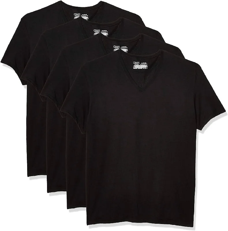 Men's short-sleeve rich sporty-subtle-soft-plush-cotton top-Men's 4-Pack Underwear V-Neck Shirt In Polo Black